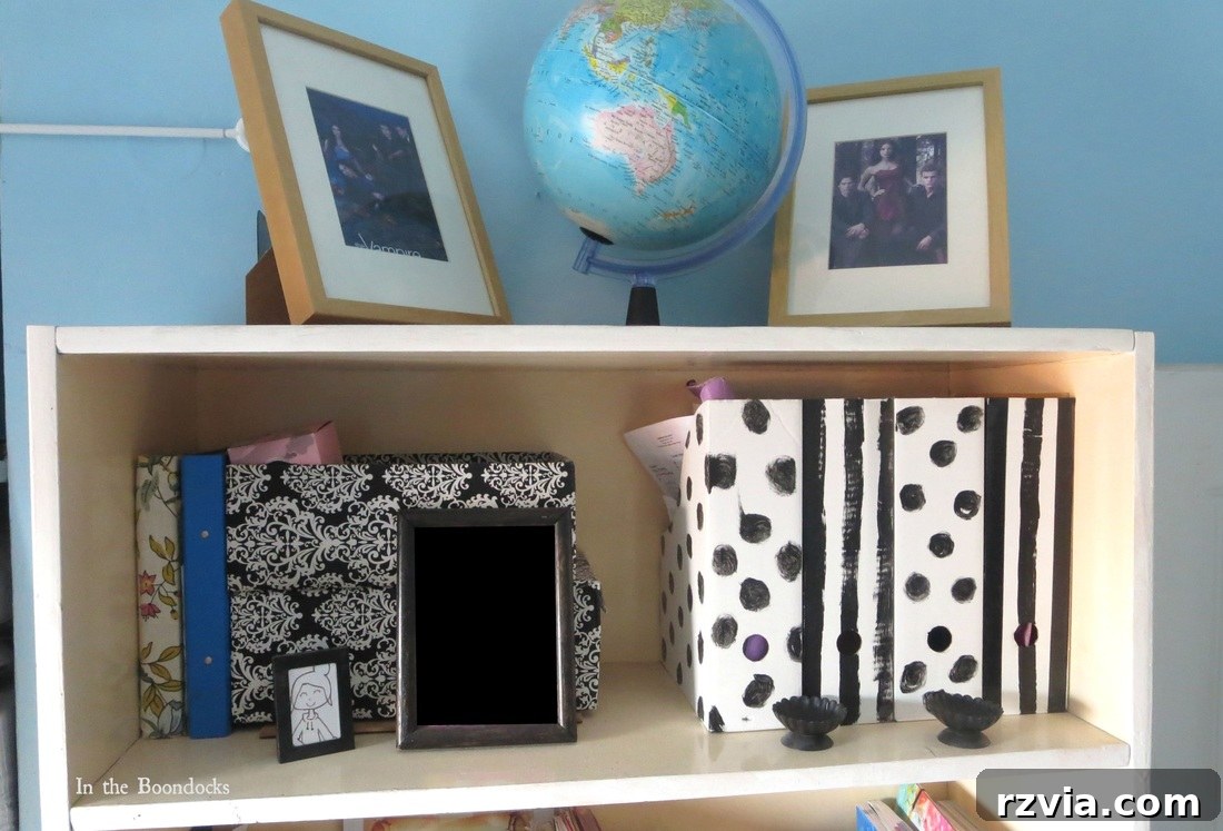 Repurposed Chic: A Teen Girl's Unique Bedroom Makeover 8 Close-up of the organized bookcase top, featuring decorative elements and coordinated storage.