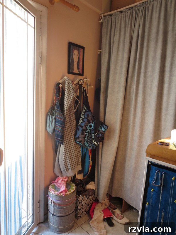 Repurposed Chic: A Teen Girl's Unique Bedroom Makeover 12 Before: Cluttered accessory corner with an accordion hanger, highlighting the need for a teen bedroom declutter.