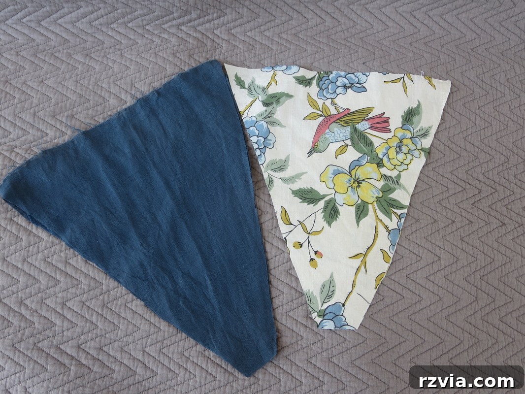 Close-up of fabric being cut into perfect triangles for a DIY banner project, emphasizing precision in crafting custom wall decor. Ideal for repurposing textiles and creating unique room accents.