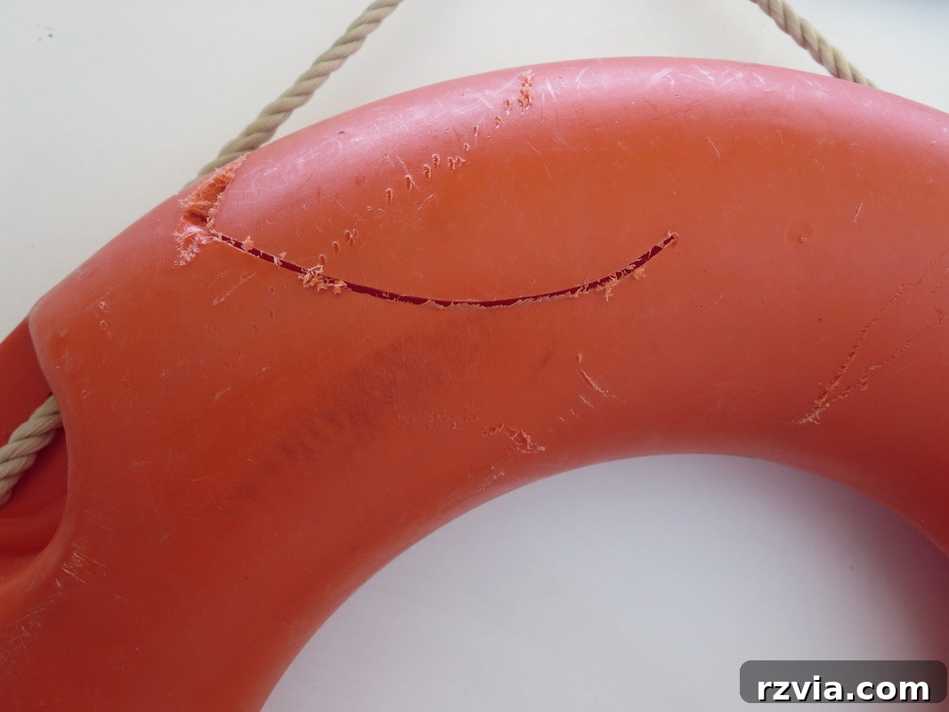 Close-up of damage on the salvaged lifesaver, highlighting the need for repair.