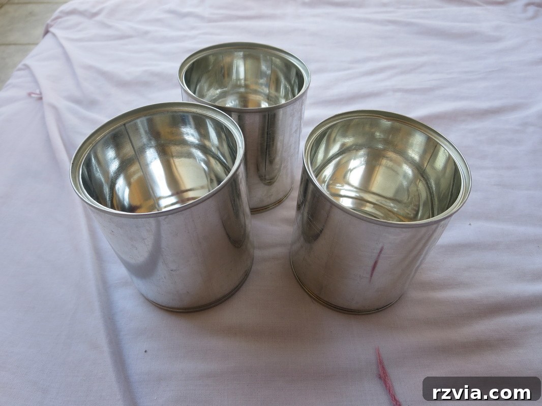 Collection of empty tin cans, cleaned and ready for their repurposing into stylish desk organizers.