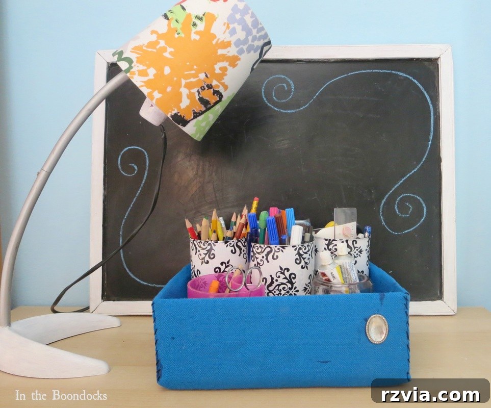 Before image of a desk organizer with a prominent pink container, showing the initial setup.