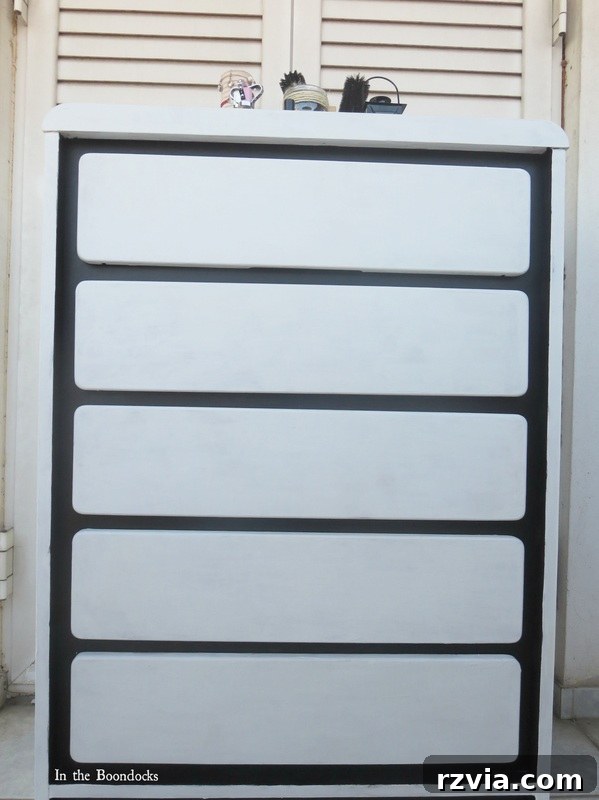 Painted Paper Dresser Revival 11 The dresser's front view after painting and sealing, showcasing its smooth, protected finish and rejuvenated appearance. www.theboondocksblog.com