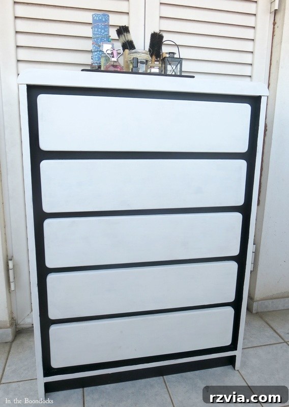 Painted Paper Dresser Revival 17 The fully transformed dresser 'After' its DIY makeover, showcasing its fresh paint and unique decoupaged accents. www.theboondocksblog.com