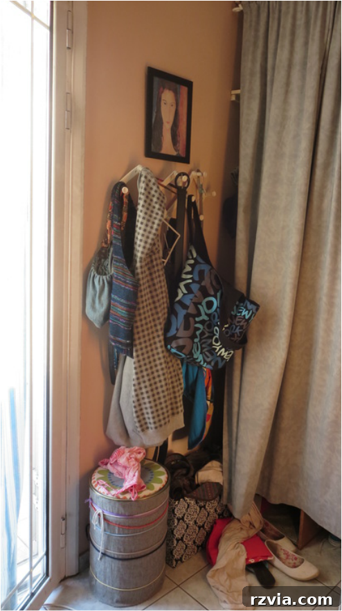 Before image of 'The Hanging Corner' with the flimsy plastic accordion hanger and cluttered accessories. A messy bedroom corner before the DIY organization project.