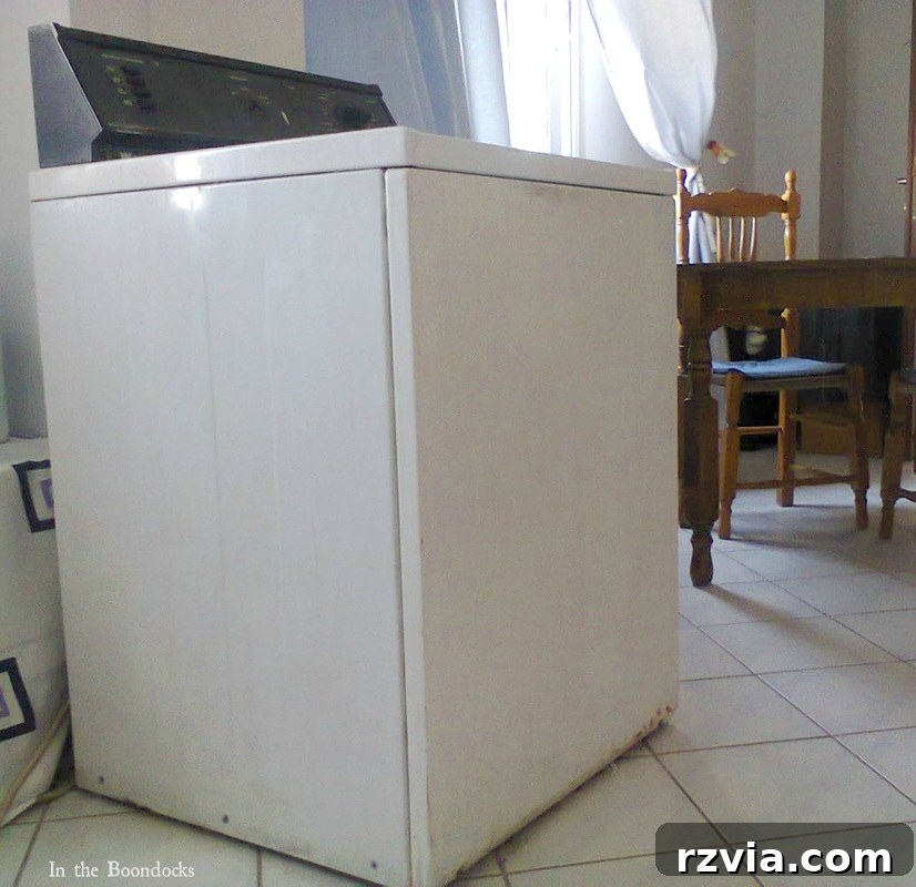 The laundry room before the partition was installed, showing the exposed washing machine