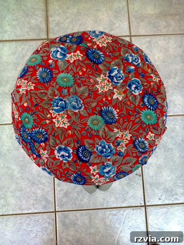 Top of the stool's seat, showing the repurposed waterproof umbrella fabric.