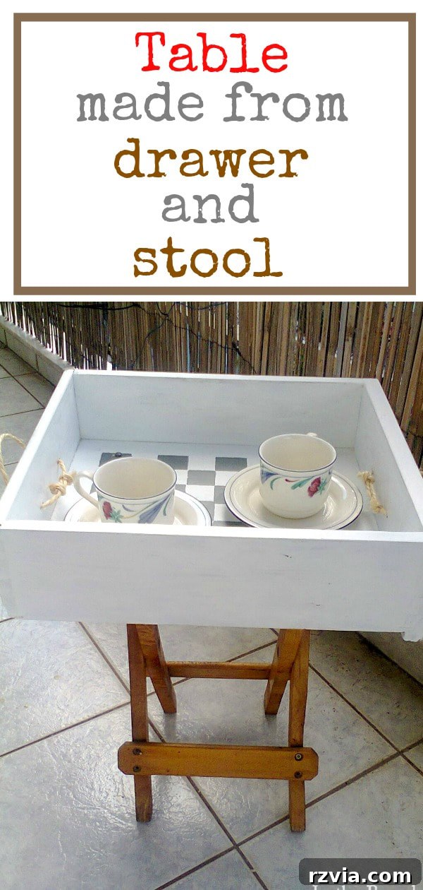 Drawer and stool repurposed into checkered table, #DIYfurniture #repurposeddrawer #chalkyfinishpaint #homemadewax #repurposedstool #checkerdesigntable #easyfurniture Pieces of a table, www.theboondocksblog.com