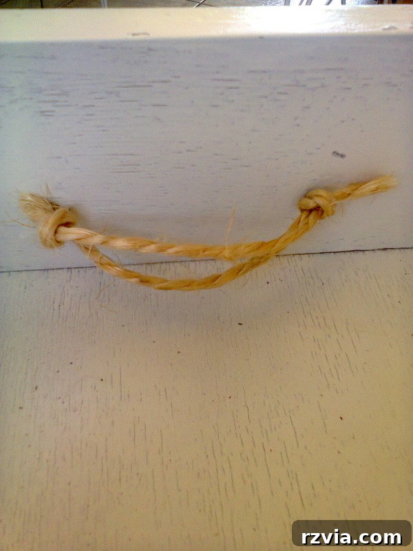 Adding twine as handles to the drawer, Pieces of a table, www.theboondocksblog.com