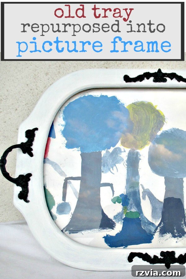 Reimagining a Vintage Serving Tray 13 Close up image of completed project with text overlay reading old tray repurposed into picture frame.