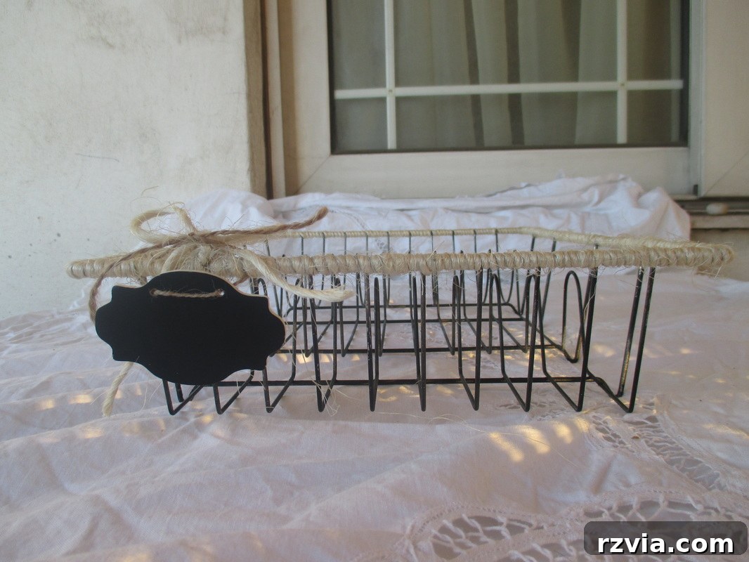 Finished twine-wrapped dish rack with rustic charm