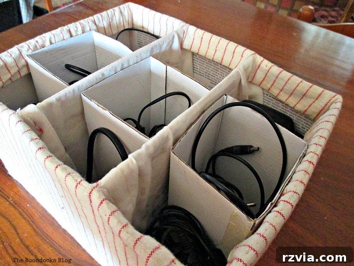 From Clutter to Clever Upcycled Cable Organizers 12 Organized wires placed separately inside the DIY cereal box organizer