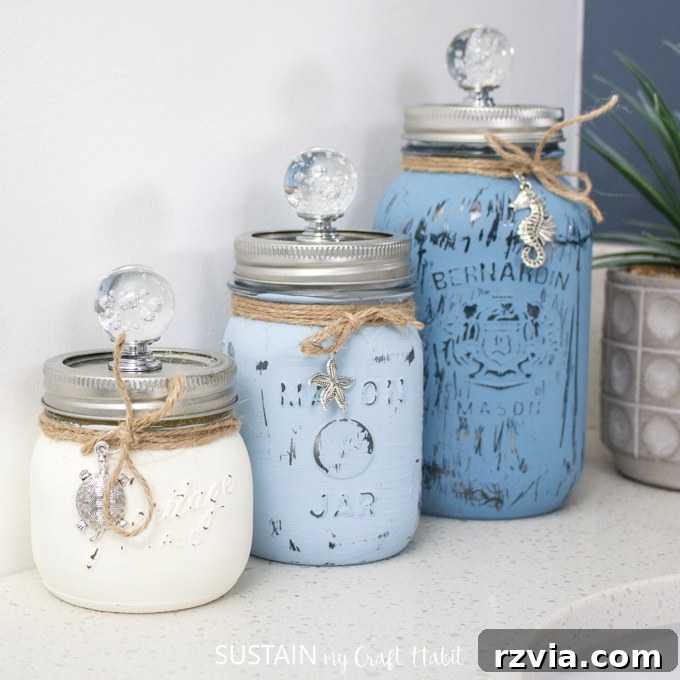Fresh Starts, Fresh Faces 3 Chalky painted beach-inspired mason jars, a popular craft project for coastal decor.