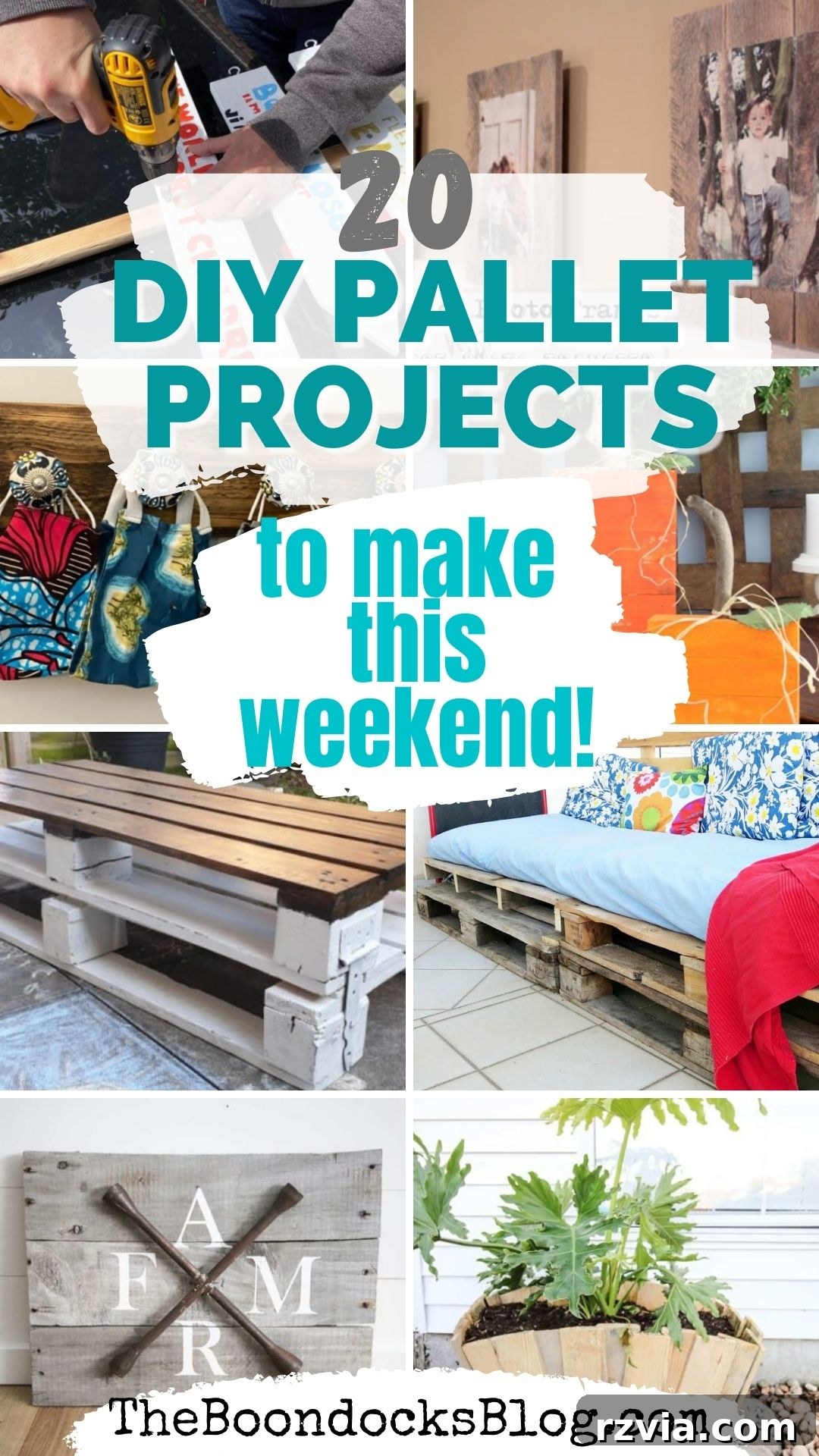 Collage of various DIY pallet projects including furniture, planters, and home decor