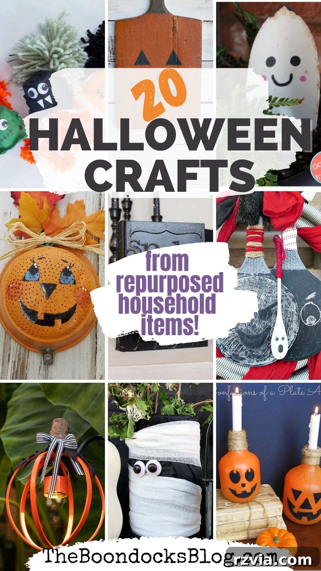 Diverse collection of upcycled Halloween crafts made from repurposed household items, perfect for budget-friendly and sustainable decor.