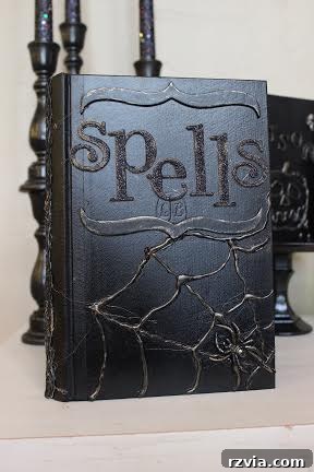 Old book transformed into a spooky DIY spell book, perfect for Halloween decor.