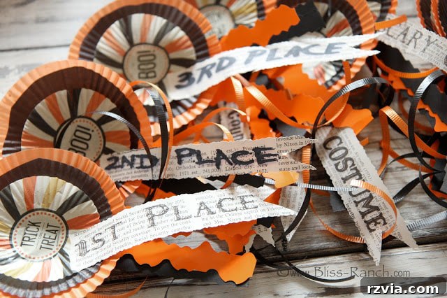 DIY Halloween costume ribbons crafted by Bliss Ranch Malone, perfect for contest awards.