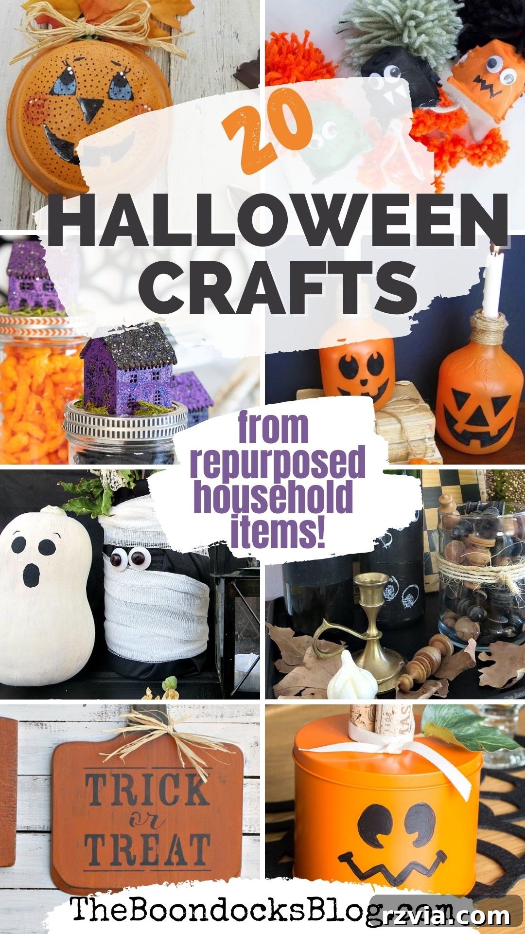 Collection of creative upcycled Halloween crafts made from everyday household items, showcasing budget-friendly DIY decor.