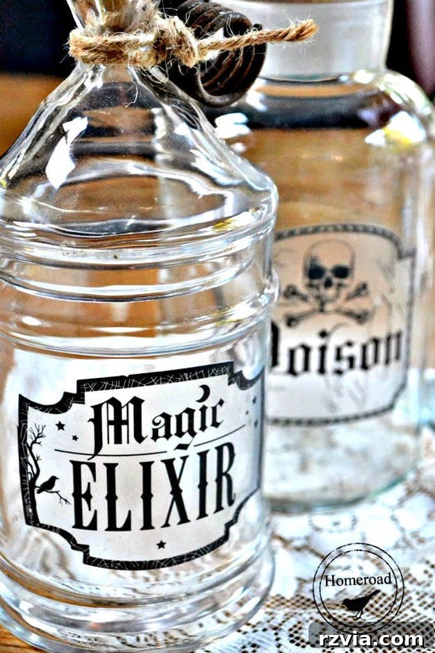 Upcycled glass bottles transformed into DIY Halloween elixir bottles with custom labels by Homeroad.