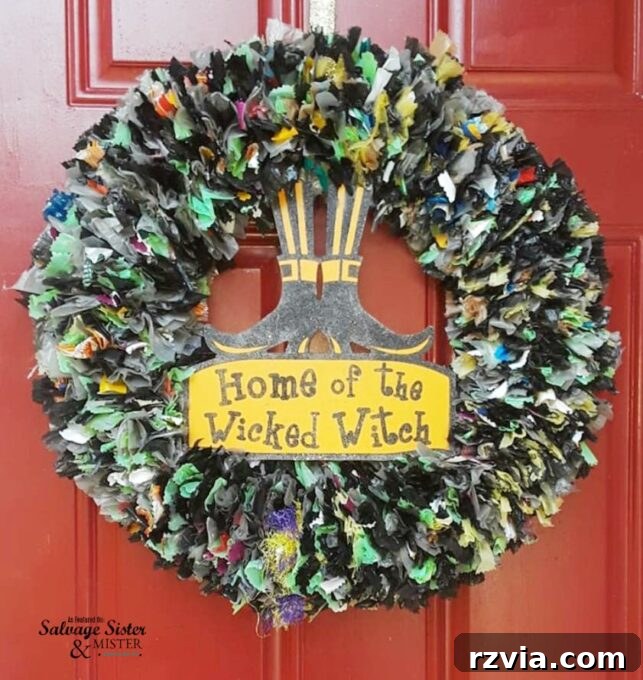 Upcycled plastic bag Halloween wreath, offering a textured and eco-friendly door decoration.