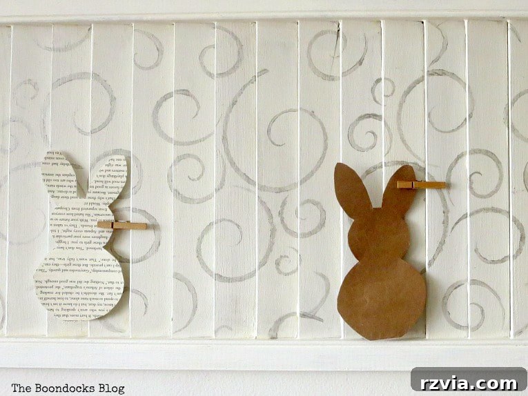 Unconventional Shutter Stenciling Secrets 19 Shutter art adorned with charming bunny cutouts for Easter decor, showcasing its versatility for seasonal transformations. A simple and creative way to update your DIY wall decor. #shutterart #stenciledshutter #chalkyfinishpaint #DecoArtMedia #DIYArt #Stenciledswirls