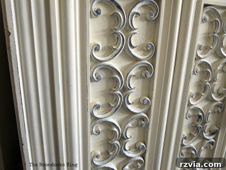 Unconventional Shutter Stenciling Secrets 5 Inspired by the intricate scrollwork on a vintage TV cabinet, this design guides the choice of stencil for the shutter art. Discover how to create cohesive home decor by repeating design elements.