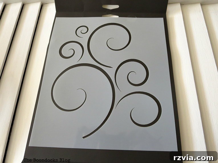 Unconventional Shutter Stenciling Secrets 6 A beautiful stencil featuring elegant scrollwork, chosen to complement existing home decor and create unique stenciled shutter art. Find similar stencils to achieve your desired look.