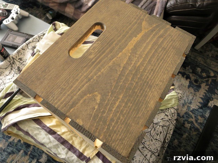 Michaels wooden crate showing the initial rustic transformation after one coat of Barnwood Stain.