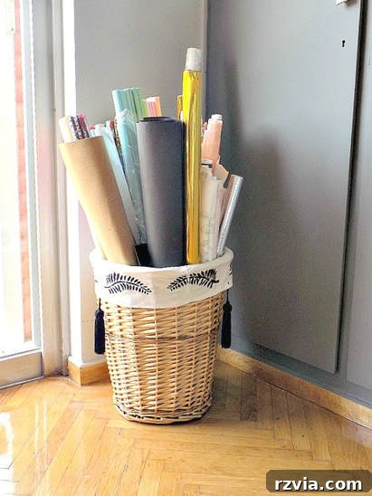 Effortless Cubby Storage Refresh 9 Cardboard box covered with wrapping paper for cubby storage