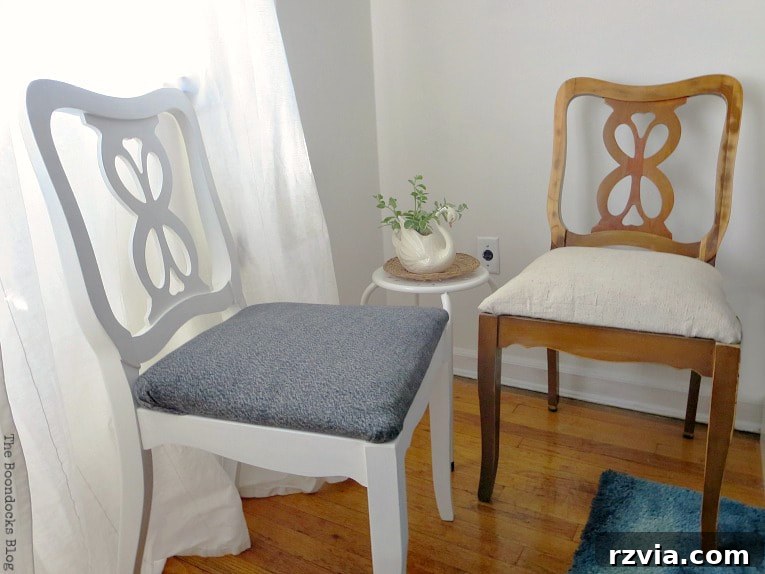 From Discarded to Desired: Upcycling Your Clothes with Style 6 Two chairs featuring reupholstered seats: one with a grey cover made from a repurposed sweatshirt and another showcasing a creative fabric choice.