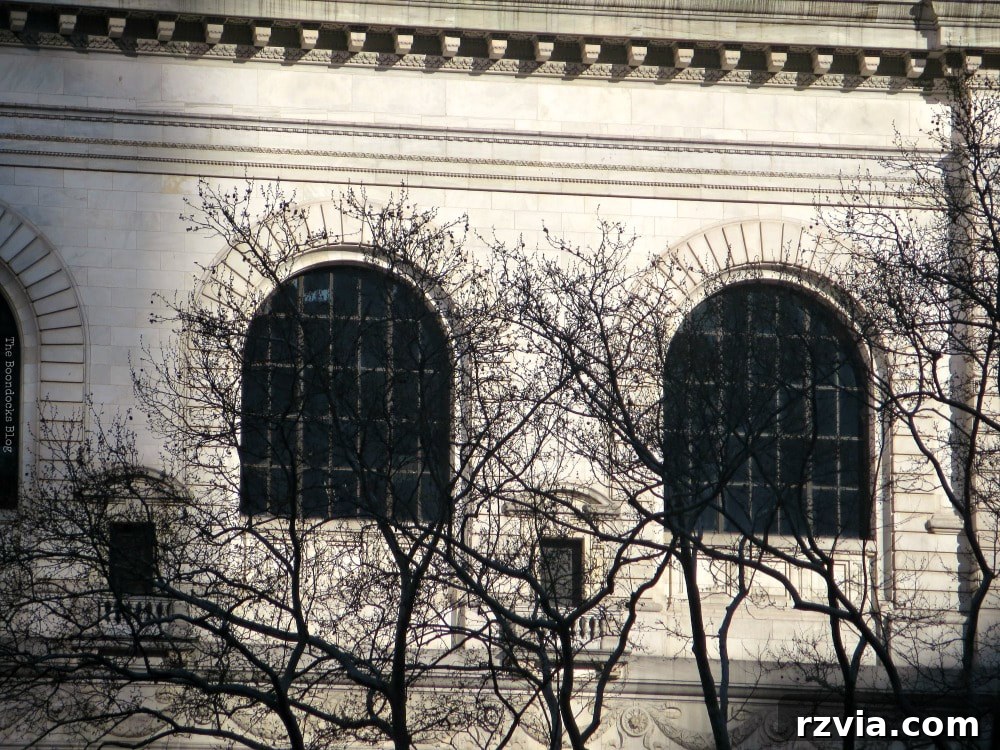 Large arched windows of the New York Public Library, allowing ample light into the grand reading rooms and reflecting the park's beauty.