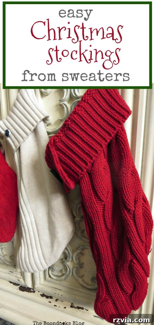 Repurpose Old Sweaters into Christmas Stockings 14 A striking vertical image of a red sweater Christmas stocking hanging on a white cabinet, perfect for Pinterest.