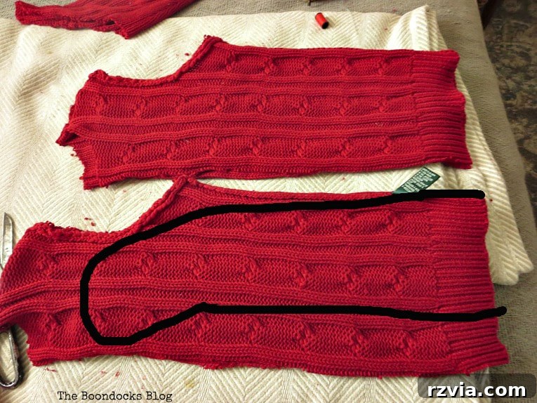 Repurpose Old Sweaters into Christmas Stockings 6 Diagram illustrating how the stocking shape was sewn onto the folded sweater fabric, leaving seam allowance.