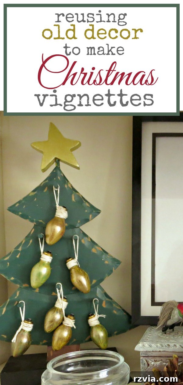 Repurpose Old Decor for Stunning Christmas Vignettes 23 A stunning Pinterest-optimized image titled 'How to Reuse Old Decor to Make Bright Christmas Vignettes' with hashtags like #upcycle, #olddecor, #makeover, #Christmasvignette, #vintage, perfect for inspiring creative holiday decoration.