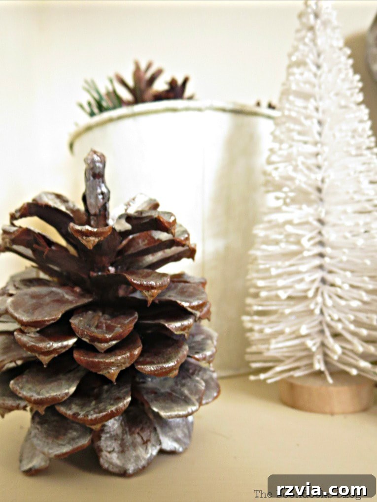 Repurpose Old Decor for Stunning Christmas Vignettes 9 A detailed shot of a silver-painted pine cone, demonstrating how simple natural elements can be transformed into elegant Christmas decor with metallic paint.