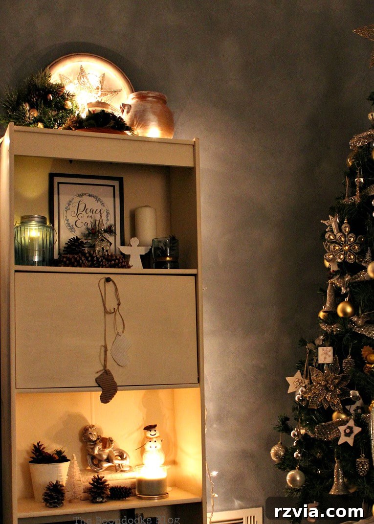 Repurpose Old Decor for Stunning Christmas Vignettes 10 A captivating nighttime view of a decorated bookcase, with twinkling lights illuminating festive Christmas vignettes, creating a warm and inviting ambiance.
