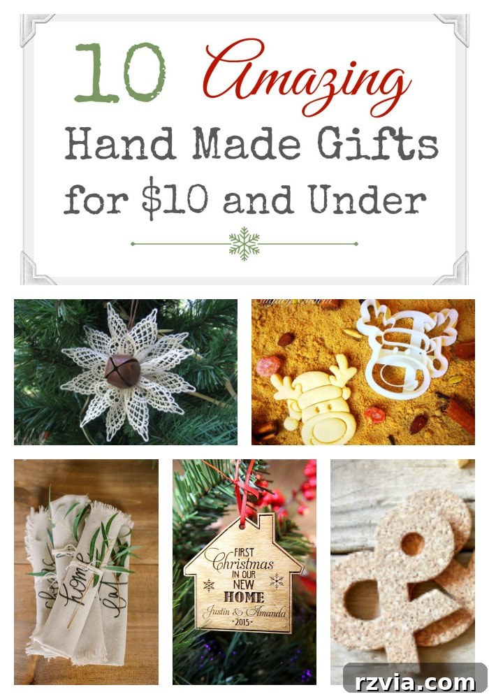 Collage of 10 amazing handmade gift ideas under $10 for home and Christmas ornaments