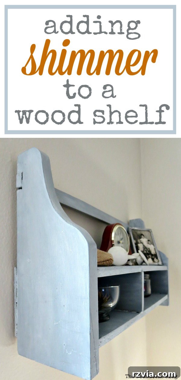 Final glamour shot of the wall-mounted cubby shelf, painted with milk paint and metallic lustre, a perfect example of decorative wax, shine, shimmer, painted wood, and an upcycled shelf makeover.