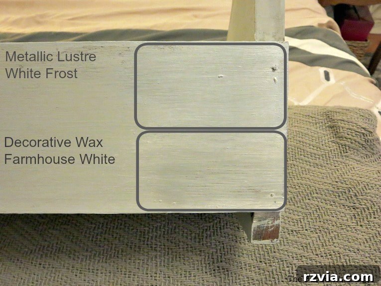 Another angle showcasing the two different decorative waxes applied to the wood, for adding shimmer to a shelf.