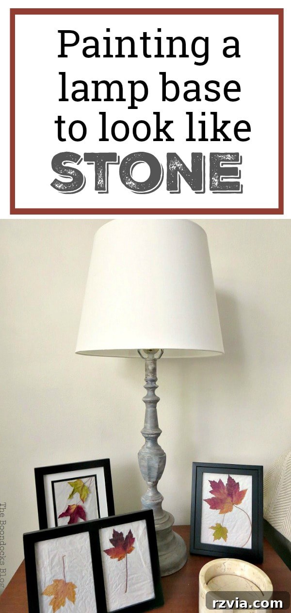 Give Your Lamp Base a High-End Stone Look 18 A Pinterest-ready image showcasing the beautiful faux stone lamp base with an overlay text that reads "Painting a lamp base to look like stone." This image is designed to attract DIY enthusiasts interested in creative lamp painting ideas and home decor transformations.