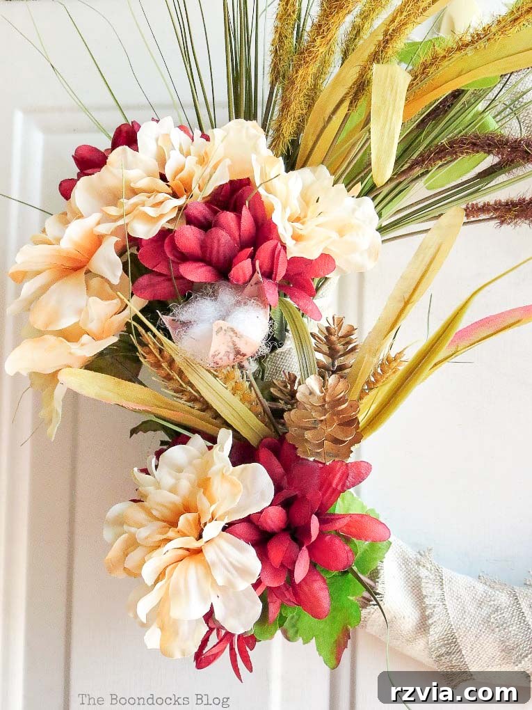 An inviting front door adorned with the handcrafted DIY dollar store fall wreath, ready for autumn's arrival.