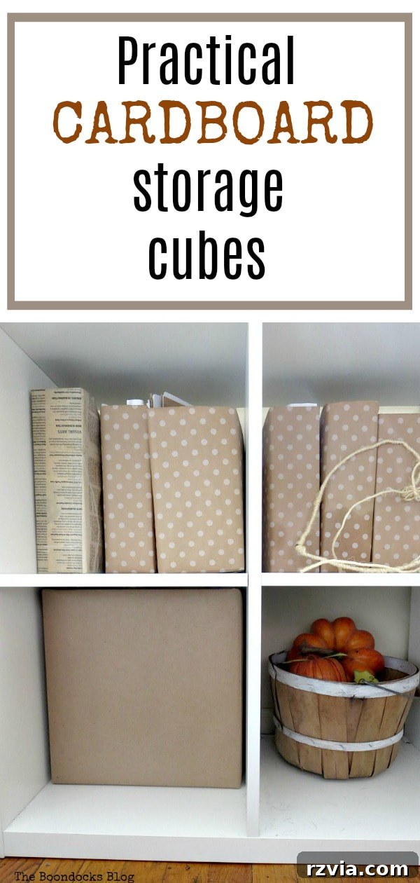 DIY Cardboard Desk Organizer 17 Pinterest graphic featuring cardboard boxes as storage cubes for the Kallax unit, with keywords: #storagebins #storagecubes #paperprojects #easystorage #practicalideas #Kallaxstorage. Text: 'How to Make Practical Cardboard Paper Cubes for Storage' and website URL.