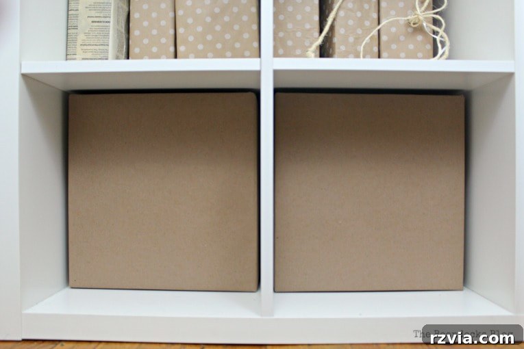 DIY Cardboard Desk Organizer 3 Close-up view of the custom-made cardboard paper organizer storage cubes, showing the neat finish of the wrapped kraft paper.