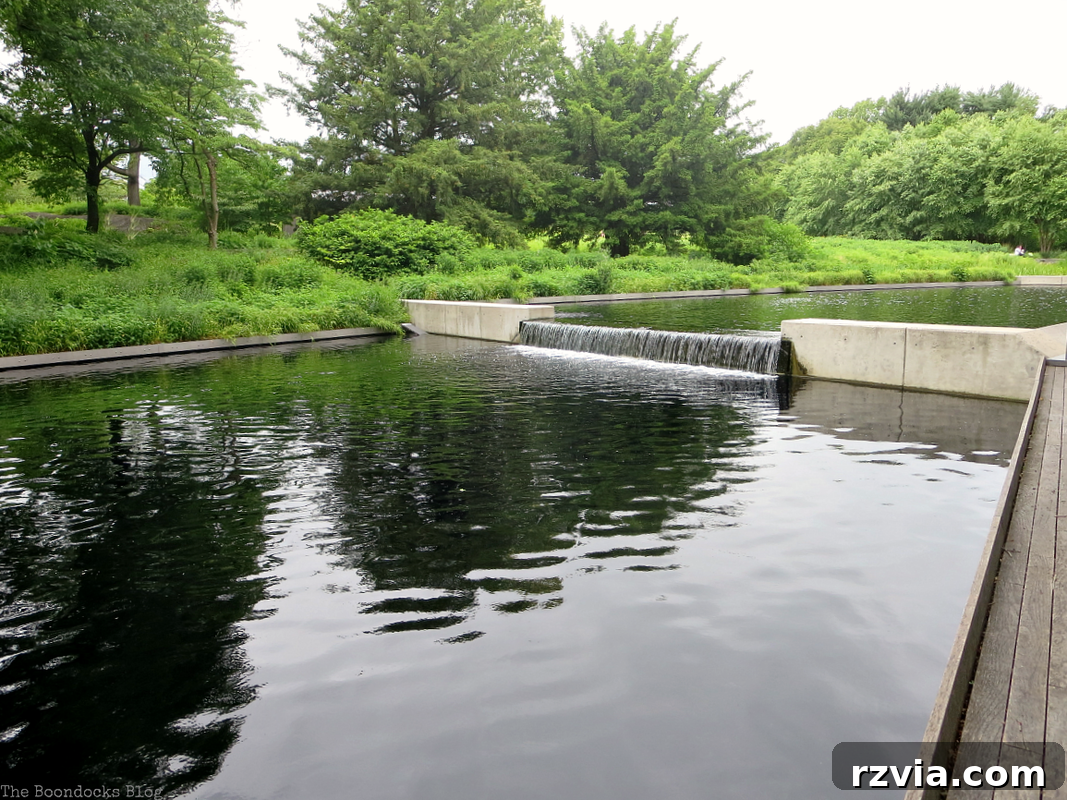 A cascading waterfall flowing into a peaceful pond near the Native Plant Garden