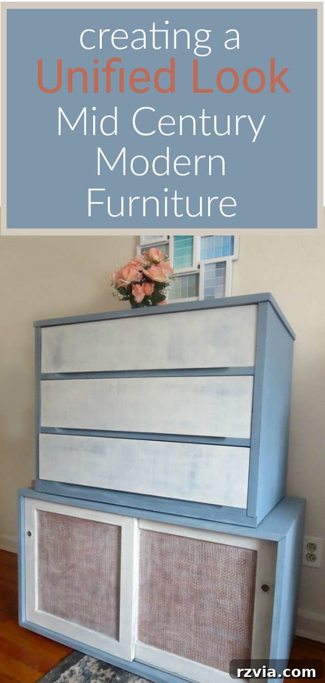 Final curated pin image featuring the Mid Century Modern dresser and sideboard in white and slate, emphasizing the successful unified design. Keywords: #DIYproject #Midcenturymodernfurniture #MCMfurniture #paintedfurniture #oldfashionedmilkpaint #milkpaint