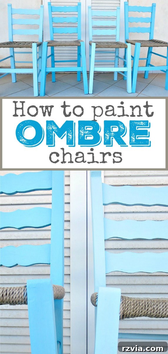 Revamp Your Wooden Chairs: Painting Made Easy 17 Pinterest-optimized image: Chairs painted in shades of blue with chalky type paint to create an ombre effect, featuring hashtags like #ombreeffect #paintedombre #furnituremakeover #upcycle #chalkyfinishpaint #paintedchairs #bluechairs #DIYproject and the title 'The Tale of the Happy Chairs'.