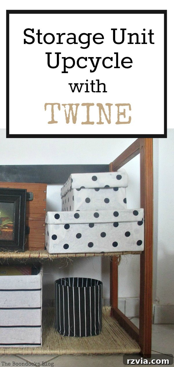 Storage unit updated using twine to hide the plastic underneath, #upcycle #furnituremakeover #storageunit #usingtwine #DIYproject Storage Unit Upcycle www.theboondocksblog.com