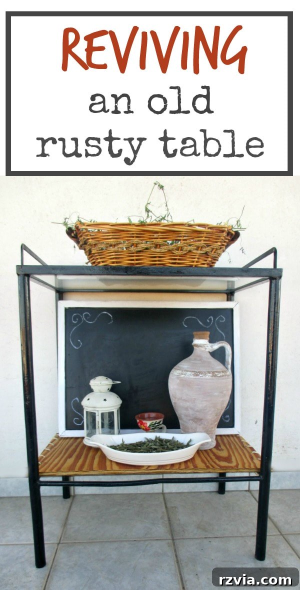 Final detailed shot of the rusty table transformed into a new, stylish piece, perfect for #upcycle, #oldtonew, #metalfurniture, #metalsidetable, #furniture, #paintproject, #DIYproject.