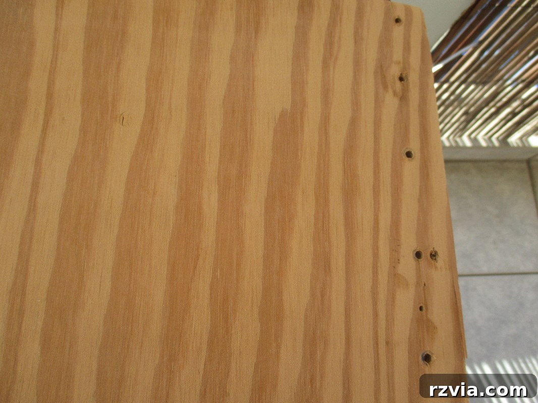 Plywood shelf with additional holes drilled along the edges, enhancing its rustic character.