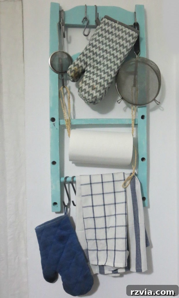 Upcycled chair back transformed into a functional kitchen organizer with hooks and a small shelf, painted in a rustic style.